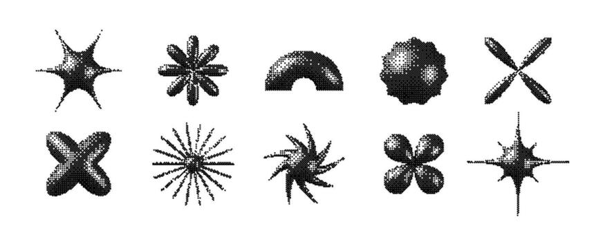 Pixelated 3d Y2K shapes set. Bitmap stars, flowers, sparkles element collection. Retro 8 bit sticker forms for posters, banners, collage, graphic design, tattoo. Dither pack vector