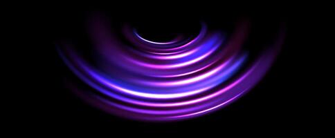 Glowing neon light trail background. Bright purple speed lines. Magic luminous curved swirl concept. Abstract spiral dynamic rotating stripes. Bright spinning streaks for poster, banner, flyer vector