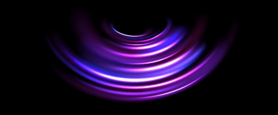 Glowing neon light trail background. Bright purple speed lines. Magic luminous curved swirl concept. Abstract spiral dynamic rotating stripes. Bright spinning streaks for poster, banner, flyer