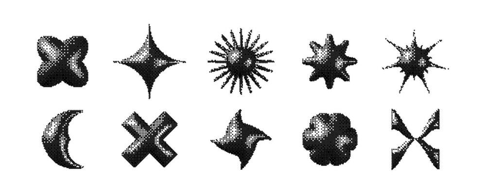 Pixelated 3d Y2K shapes set. Bitmap stars, flowers, sparkles element collection. Retro 8 bit sticker forms for posters, banners, collage, graphic design, tattoo. Dither geometric pack
