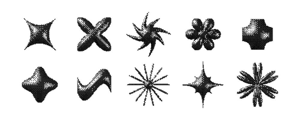Pixelated 3d Y2K shapes set. Bitmap stars, flowers, sparkles element collection. Retro 8 bit sticker forms bundle for posters, banners, collage, graphic design, tattoo. Dither geometric pack