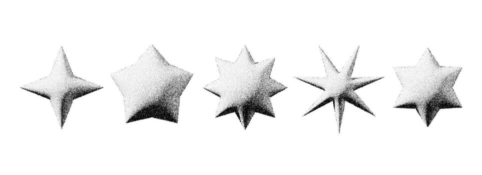 Black stippled star set. 3d dotted textured flares and sparkles collection. Halftone grainy noise starburst shape bundle. Dot work grunge asterisks and stars element pack. vector