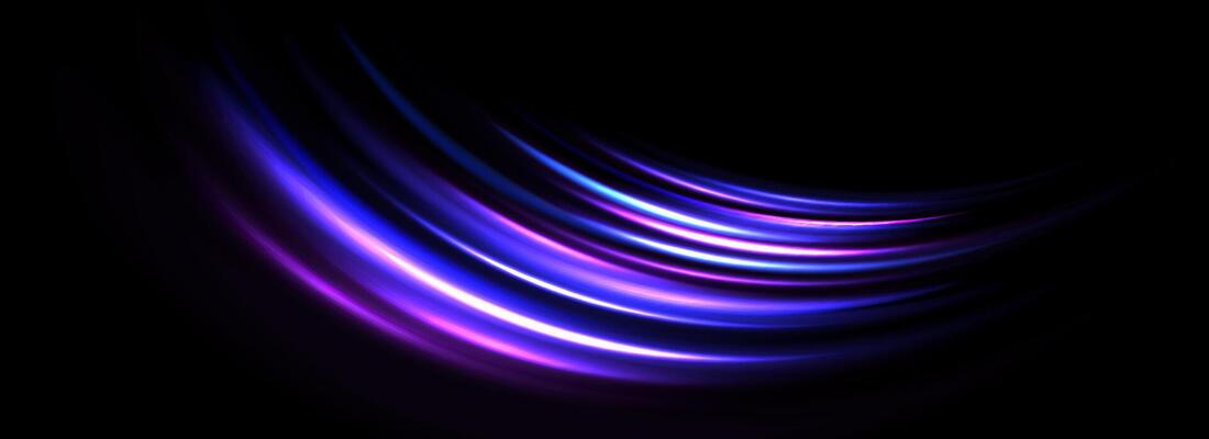 Glowing neon light trail background. Colorful blue purple speed lines. Magic luminous curved swirl concept. Abstract spiral dynamic rotating stripes. Bright streaks for poster, banner, flyer.
