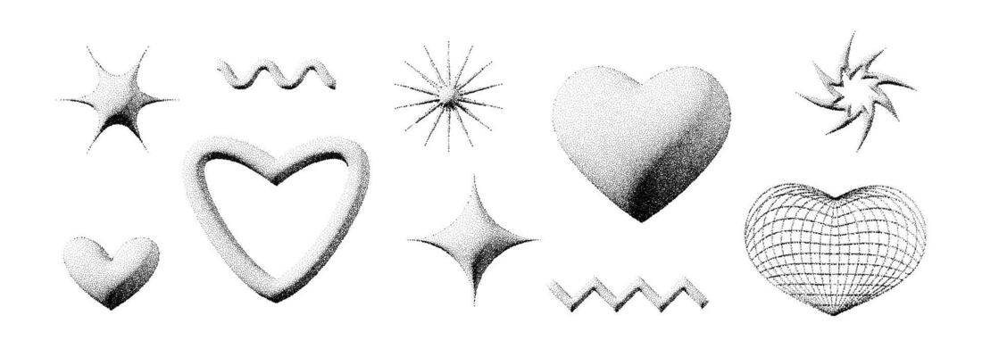 Dotted y2k heart, star and wave shape collection. Black stippled 3d geometric set. Dotwork grain grunge design elements for banner, poster, decoration, flyer. Textured noise gritty form bundle