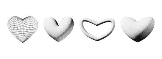 Dotted 3d heart shapes collection. Black stippled fade gradient heart set. Y2K dotwork grain grunge design elements pack for banner, poster, decoration. Textured noise gritty forms bundle. vector