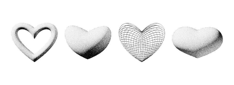 Dotted 3d heart shape collection. Black stippled gradient heart set. Y2K dotwork grain grunge design element pack for banner, poster, decoration. Textured noise gritty form bundle. vector
