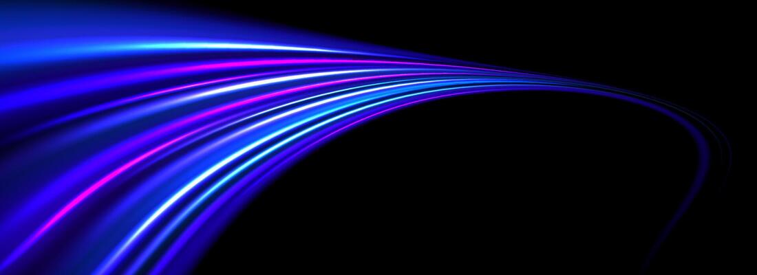 Glowing neon light trail background. Bright blue purple speed lines. Magic luminous curved road concept. Abstract bent dynamic moving stripes. Bright streaks for poster, banner, flyer.