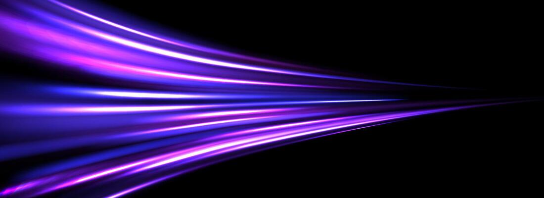 Neon glowing streak background. Iridescent purple speed light effect. Magic trail flare lines texture. Luminous laser beams and rays wallpaper design. Futuristic neon stream stripes backdro