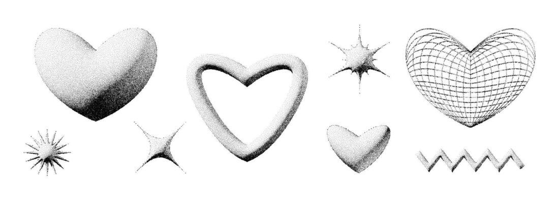 Stippled y2k heart, star and wavy shape collection. Black dotted 3d geometric set. Dotwork grunge grain design elements for banner, poster, decoration, flyer. Textured noise gritty form bundle