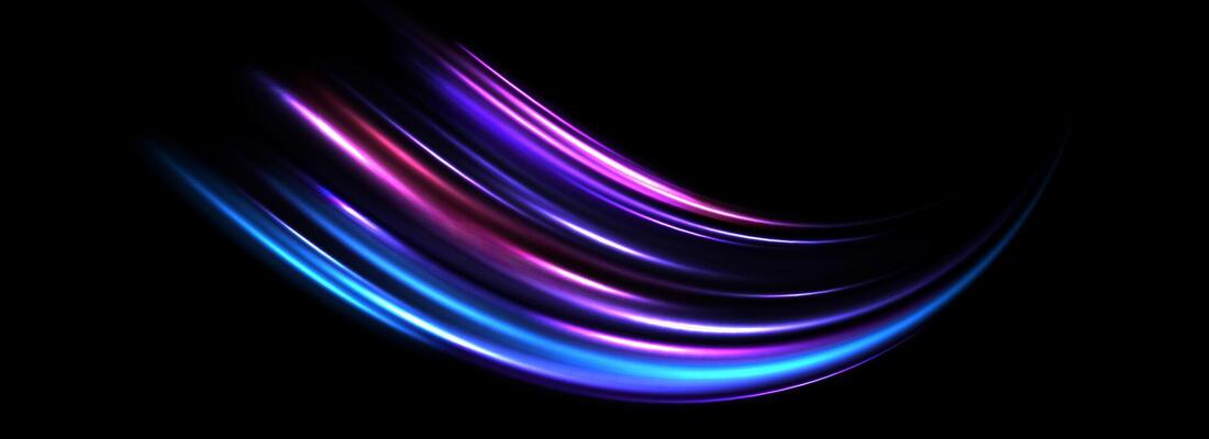 Glowing neon light trail background. Iridescent purple arch speed lines. Magic luminous curved swirl concept. Abstract spiral dynamic rotating stripes. Curve streaks for poster, banner, flyer.