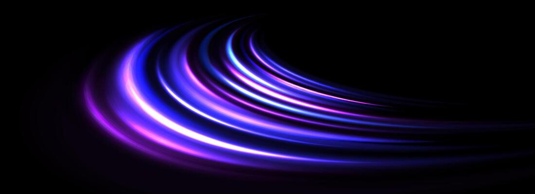 Glowing neon light trail background. Bright blue purple speed lines. Magic luminous curved swirl concept. Abstract spiral dynamic rotating stripes. Bright streaks for poster, banner, flyer