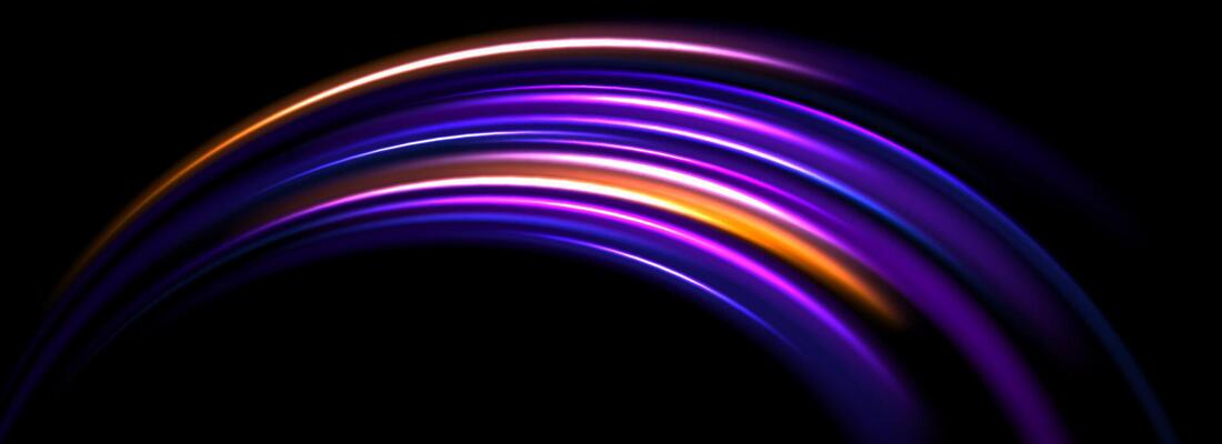 Glowing neon light trail background. Orange purple arch speed lines. Magic luminous curved swirl concept. Abstract spiral dynamic rotating stripes. Curve streaks for poster, banner, flyer