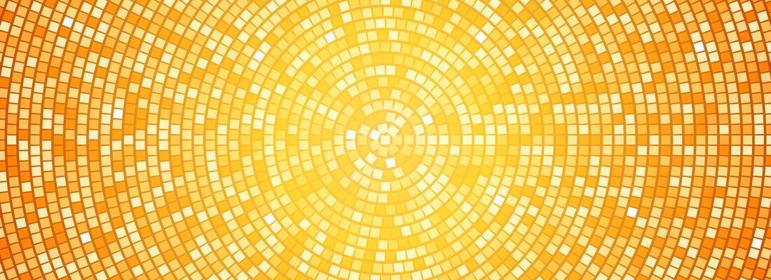 Radial gold disco party pattern. Yellow square sequin mosaic texture background. Abstract golden shining glitter halftone wallpaper. Pop up comic sparkling glitter backdrop
