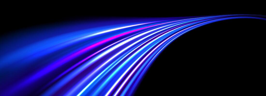 Glowing neon light trail background. Bright blue purple speed lines. Magic luminous curved road concept. Abstract bent dynamic motion stripes. Shiny streaks for poster, banner, flyer