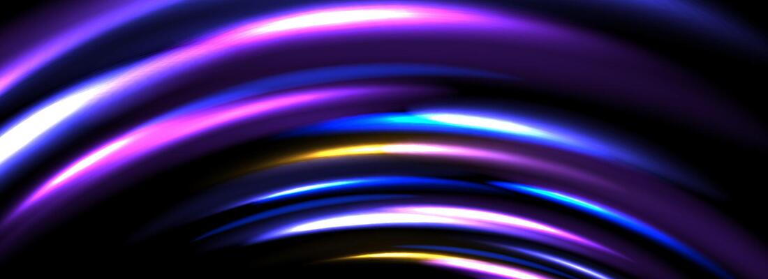 Glowing neon light trail background. Bright blue purple arc speed lines. Magic luminous curved road concept. Bent dynamic arch stripes. Shiny streaks for poster, banner, flyer, brochure