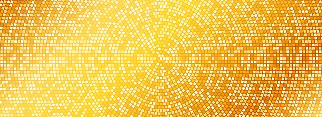 Radial gold disco party pattern. Golden square sequin mosaic texture background. Abstract yellow shining glitter halftone wallpaper. Pop up comic sparkling glitter backdrop