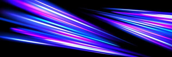 Neon glowing dynamic stripe background. Blue pink speed light effect. Exposure trail flare line texture. Luminous laser rays or beams wallpaper design. Futuristic neon speedy streak backdrop. vector
