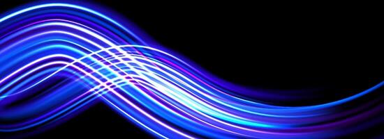 Glowing neon light trail background. Iridescent blue swoosh speed lines. Magic luminous curved path concept. Abstract dynamic flowing stripes. Long exposure streaks for poster, banner, flyer vector