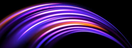 Glowing neon light trail background. Bright pink purple speed lines. Magic luminous curved swirl concept. Abstract spiral dynamic rotating stripes. Curve streaks for poster, banner, flyer vector