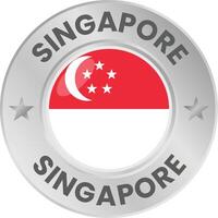 Singapore flag in silver colored medal. National flag in metal circle emblem. vector