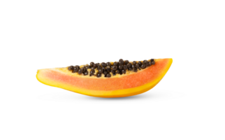 A slice of ripe yellow papaya fruit with seeds isolated. png