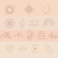 Adjustable boho mystic noodle outline earth tone set. Bohemian the icons symbols of star, sun, moon, nature, heart. vector