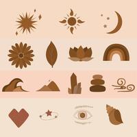 Adjustable boho mystic noodle earth tone set. Bohemian the icons symbols of star, sun, moon, nature, heart. vector