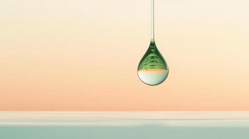 Hanging clear water drop with green liquid reflecting sky over a calm light blue body of water with light orange sky background photo