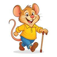 Cute Cartoon Mouse Character with Cane , Funny Elderly Animal Illustration for Kids and Storybooks vector