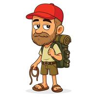 Cartoon Adventure Hiker Man Character, Outdoor Explorer with Backpack and Climbing Rope Illustration vector