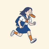 Teen Girl Student Is Running with A Baguette in Mouth vector