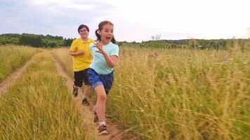 Happy children, a little girl and a boy run along the path, among the tall grass, in the field video