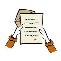 Hand-drawn letter and envelope illustration, person holding handwritten paper message in doodle style vector