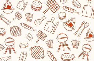 Seamless BBQ sketch pattern with red outline on beige background for restaurant food wrapping paper packaging and barbecue party decoration vector