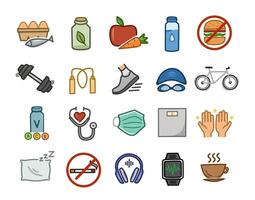 Healthy lifestyle icon set, 20 Colorful outline icons Representing fitness, healthy food, mental Wellness, medical care routines, and self development vector