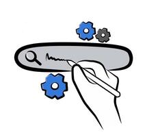 Hand writing in search bar with gear and magnifying glass icons illustration representing ai customization or search settings vector