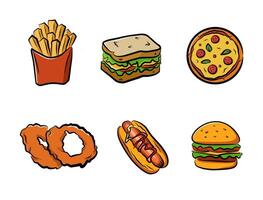 Fast food icons set in cartoon style including fries, sandwich, pizza, onion rings, hot dog, and burger for menu and snack design vector
