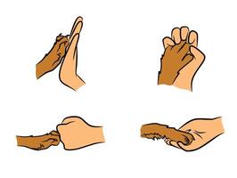 Human hand and animal paw interaction cartoon illustration on white background for pet care and friendship clipart vector