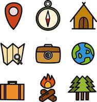 Travel icons set, 9 Symbols for tourism and adventure, Included location pin, suitcase, forest, globe, camping tent, camera, map, and navigation compass vector