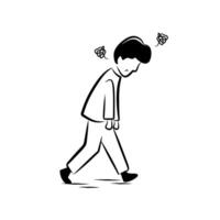 Cartoon sad man walking with stressed face and scribble symbol for mental health article poster and depression awareness graphic vector