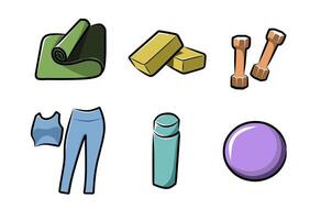 Yoga and fitness equipment icons in cartoon style including mat dumbbell gym ball and activewear for exercise design vector