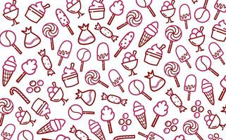 Cute and sweet seamless dessert pattern of candy chocolate, ice cream in pink and red colors with outline style vector