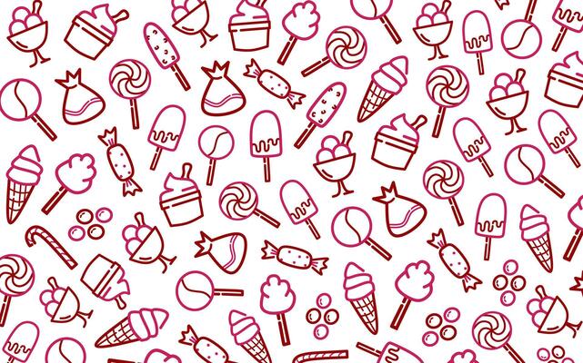 Cute and sweet seamless dessert pattern of candy chocolate, ice cream in pink and red colors with outline style