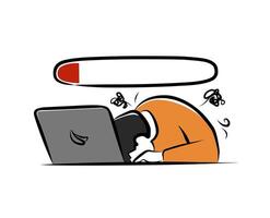Illustration of frustrated man with low energy bar and laptop symbolizing burnout and work overload vector
