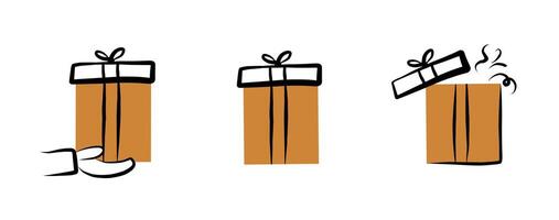 GIft box icons in various stages in cartoon style of opening with hand drawn ribbon and minimal flat colors vector