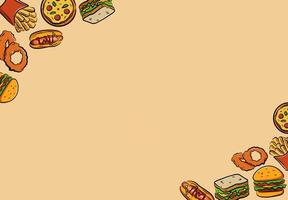 Hand drawn fast food border illustration with sandwich, hot dog, and empty copy space vector