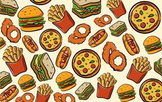 Seamless pattern of fast food icons including burger, pizza, sandwich, french fries, onion rings, and hot dog In cartoon style vector
