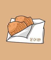 Taiyaki food illustration, Two japanese taiyaki fish shaped cakes wrapped in paper with japanese taiyaki text vector