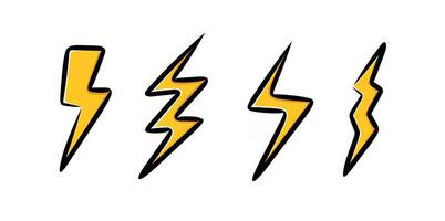 Lightning bolt icons in various shapes in cartoon style and angles with bold black outlines and yellow gradient fill vector