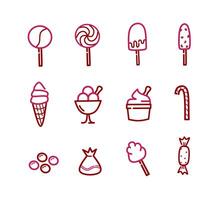 12 Sweet treats ice cream and candy icon set, pink and red minimalist outline style, set of sweet foods vector